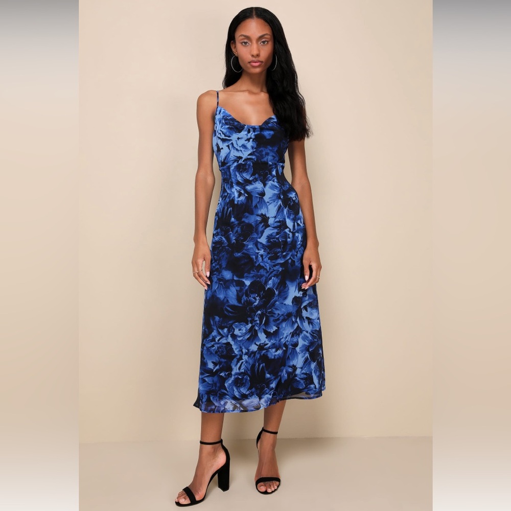 NWT Lulus Beautiful Persona Blue Floral Chiffon Cowl A-Line Midi Dress